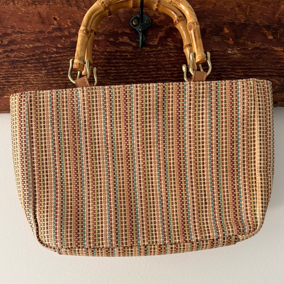 Relic—Woven Raffia Stripe Handbag Purse, Bamboo Handles - Picture 2 of 7